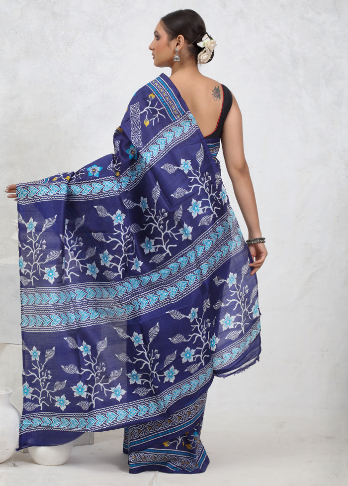 Blue Printed Pure Silk Saree Without Blouse Piece