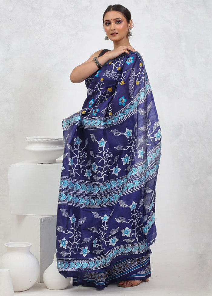 Blue Printed Pure Silk Saree Without Blouse Piece - Indian Silk House Agencies