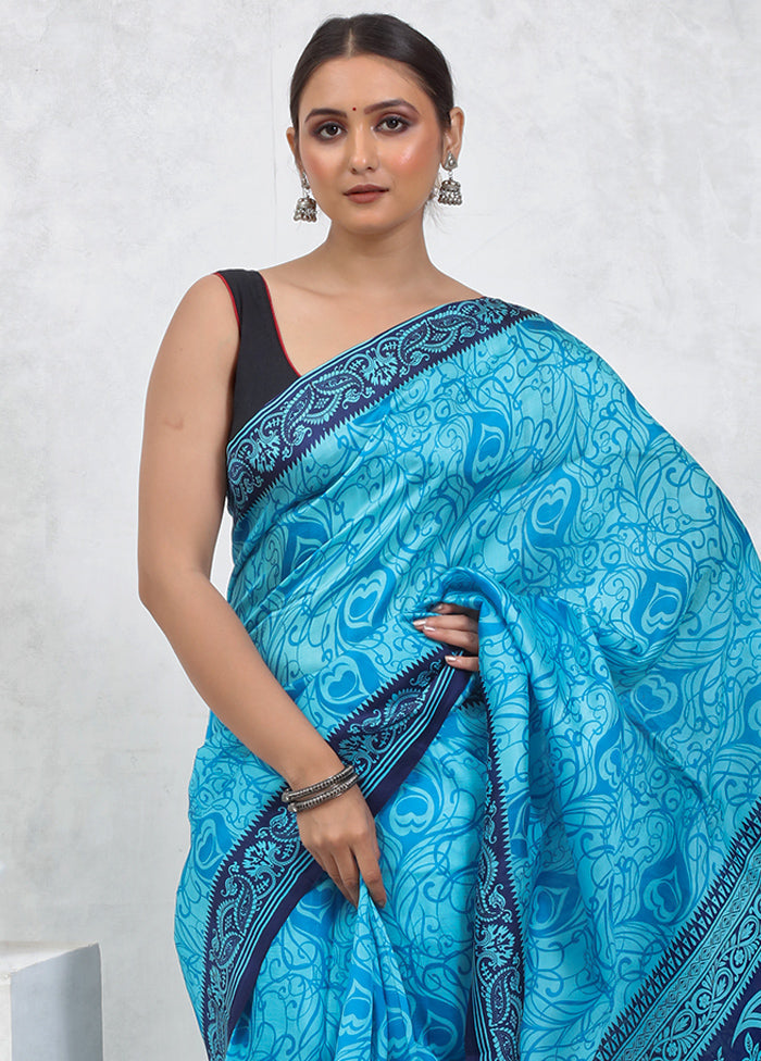 Blue Printed Pure Silk Saree Without Blouse Piece - Indian Silk House Agencies