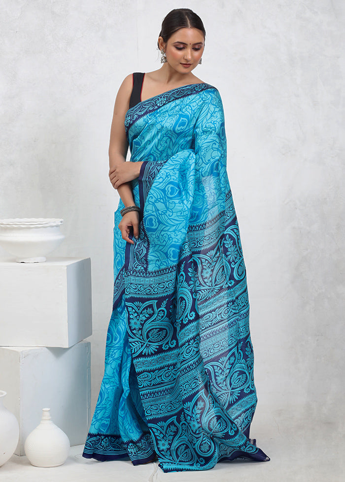 Blue Printed Pure Silk Saree Without Blouse Piece