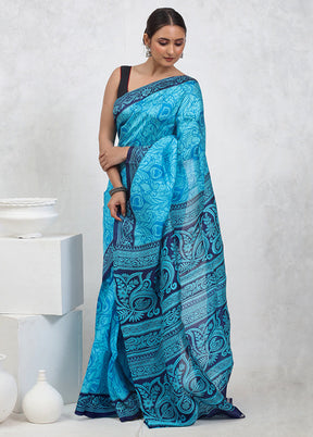 Blue Printed Pure Silk Saree Without Blouse Piece - Indian Silk House Agencies