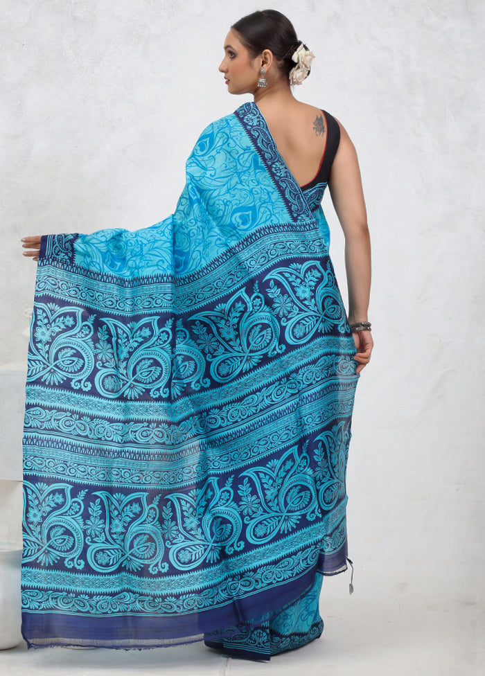 Blue Printed Pure Silk Saree With Blouse Piece