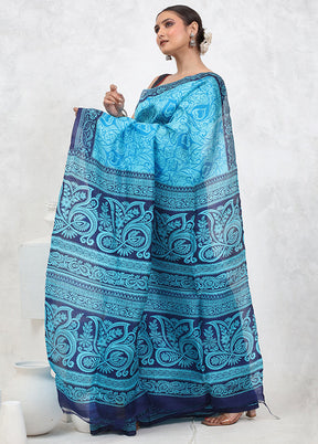 Blue Printed Pure Silk Saree Without Blouse Piece - Indian Silk House Agencies