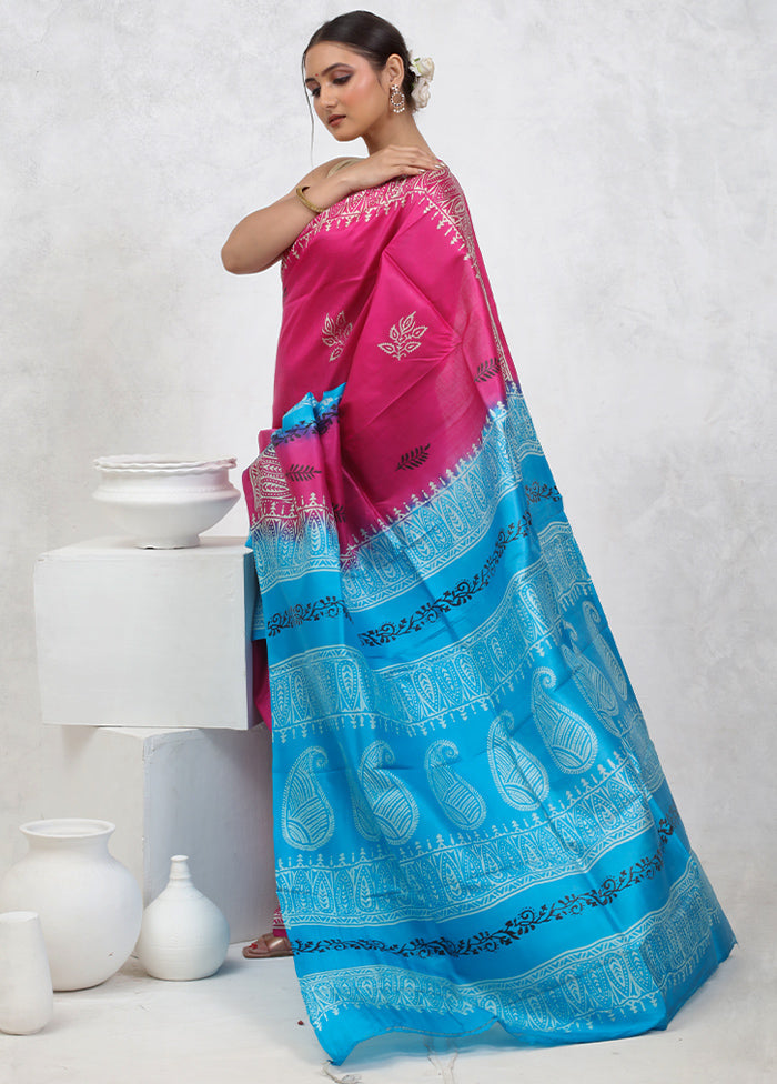 Pink Printed Pure Silk Saree Without Blouse Piece - Indian Silk House Agencies