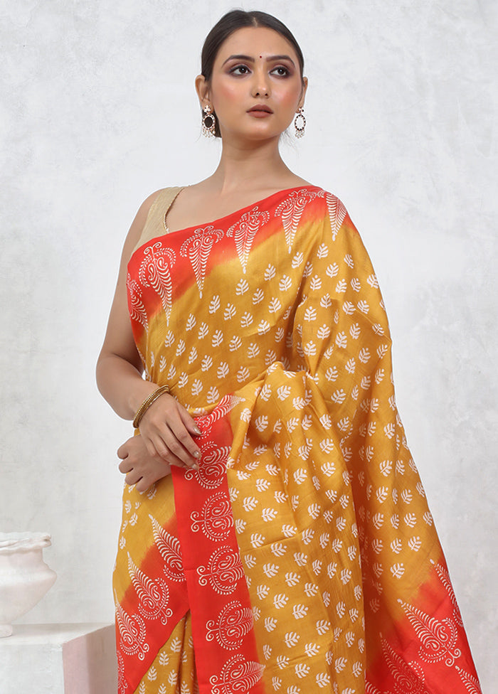 Yellow Printed Pure Silk Saree Without Blouse Piece - Indian Silk House Agencies