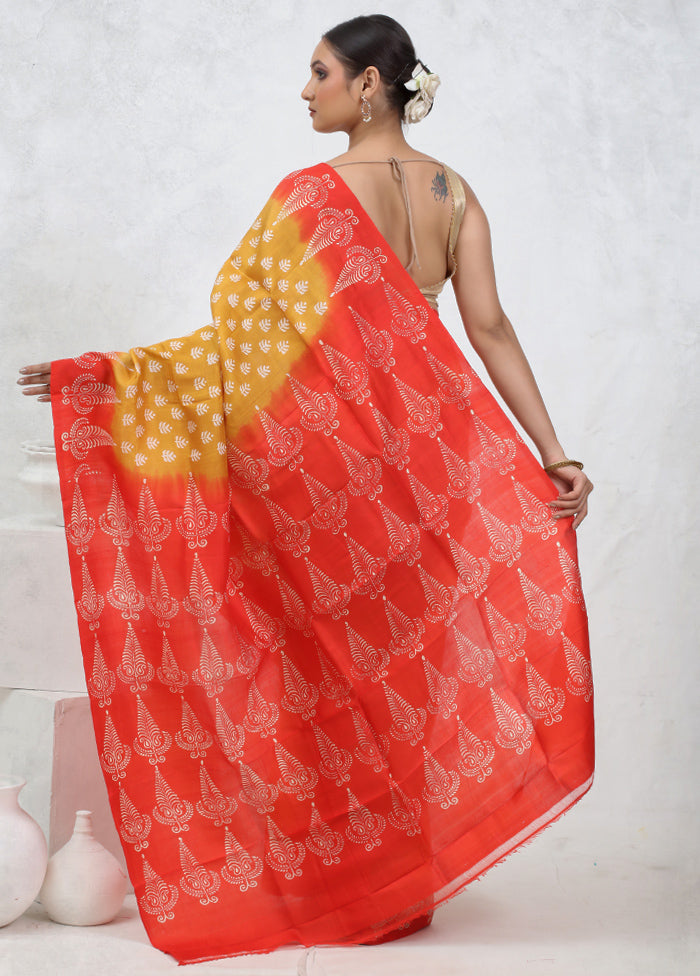 Yellow Printed Pure Silk Saree Without Blouse Piece - Indian Silk House Agencies