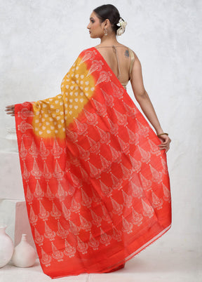 Yellow Printed Pure Silk Saree Without Blouse Piece