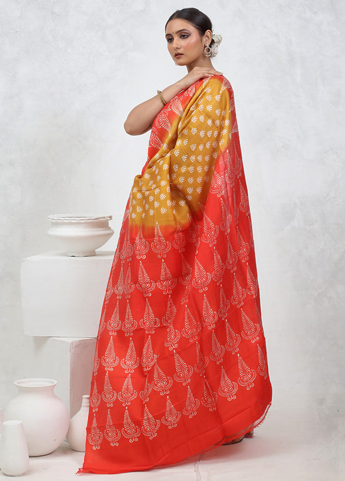 Yellow Printed Pure Silk Saree Without Blouse Piece