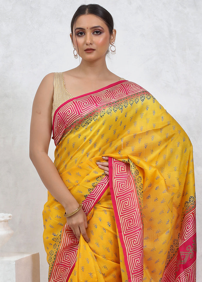 Yellow Printed Pure Silk Saree Without Blouse Piece