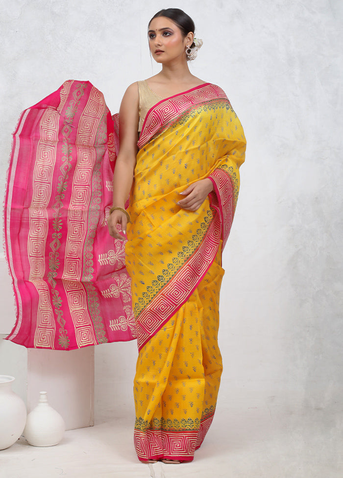 Yellow Printed Pure Silk Saree Without Blouse Piece