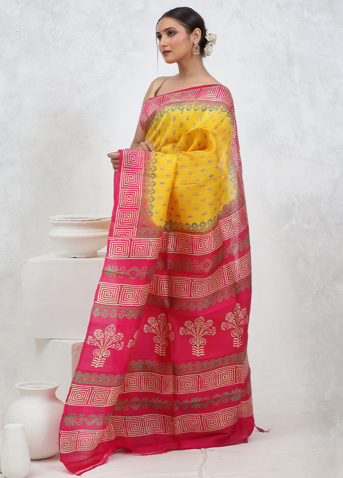 Yellow Printed Pure Silk Saree Without Blouse Piece - Indian Silk House Agencies