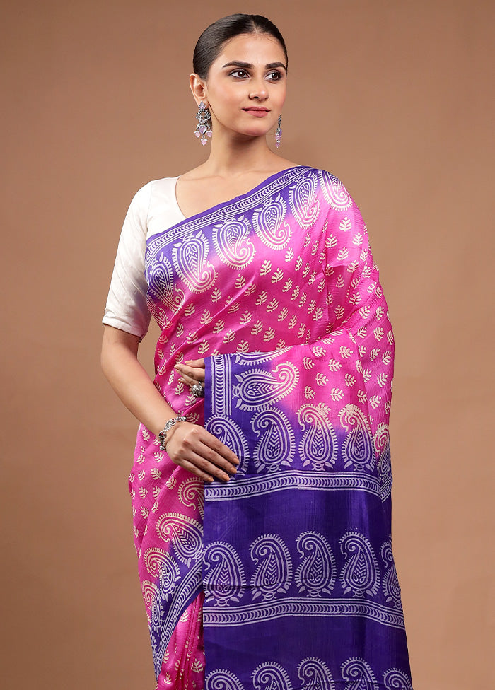 Pink Printed Pure Silk Saree Without Blouse Piece