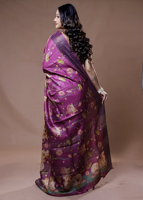 Purple Tussar Pure Silk Saree With Blouse Piece - Indian Silk House Agencies