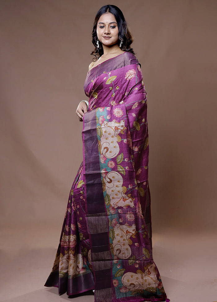 Purple Tussar Pure Silk Saree With Blouse Piece - Indian Silk House Agencies