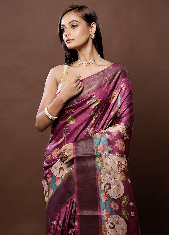 Pink Handloom Tussar Pure Silk Saree With Blouse Piece