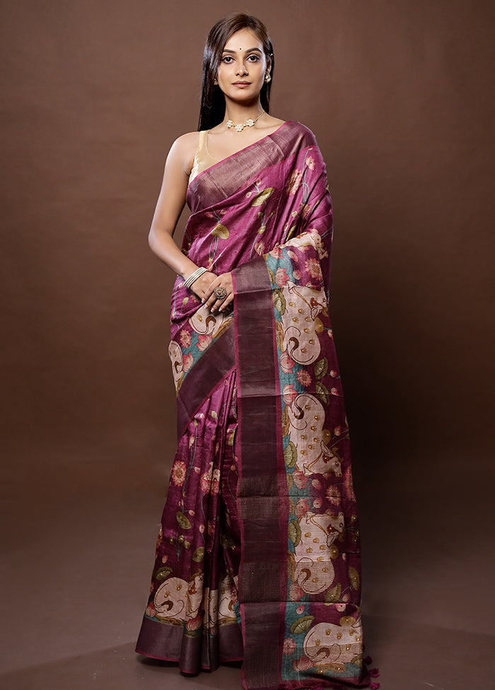 Pink Handloom Tussar Pure Silk Saree With Blouse Piece