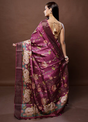 Pink Handloom Tussar Pure Silk Saree With Blouse Piece