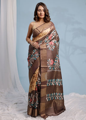 Brown Tussar Pure Silk Saree With Blouse Piece - Indian Silk House Agencies