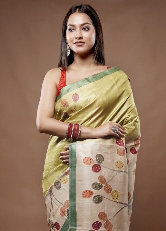 Cream Tussar Pure Silk Saree With Blouse Piece - Indian Silk House Agencies