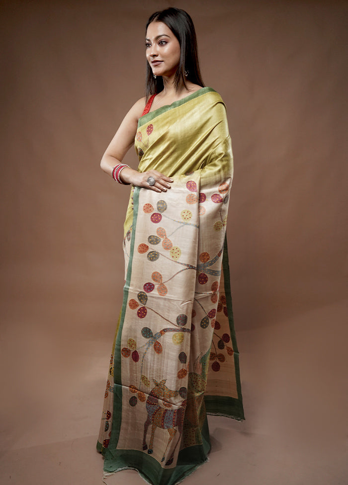 Cream Tussar Pure Silk Saree With Blouse Piece - Indian Silk House Agencies