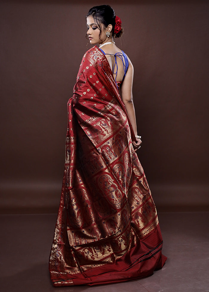 Maroon Baluchari Pure Silk Saree Without Blouse Piece - Indian Silk House Agencies