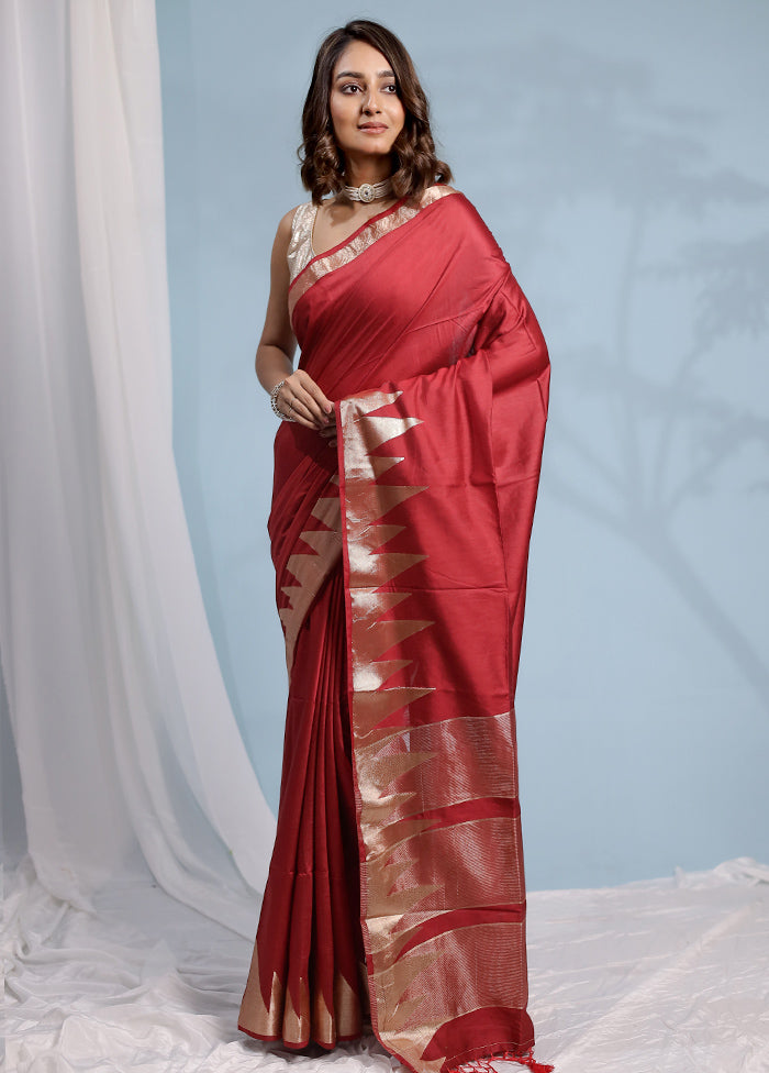 Maroon Cotton Saree With Blouse Piece - Indian Silk House Agencies