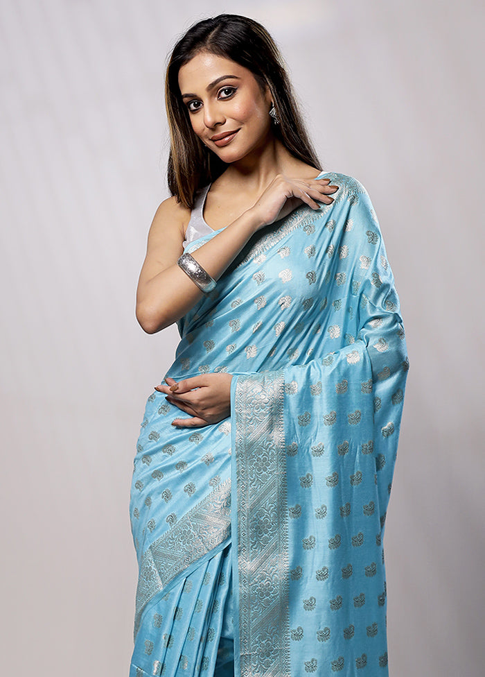 Blue Cotton Saree With Blouse Piece - Indian Silk House Agencies