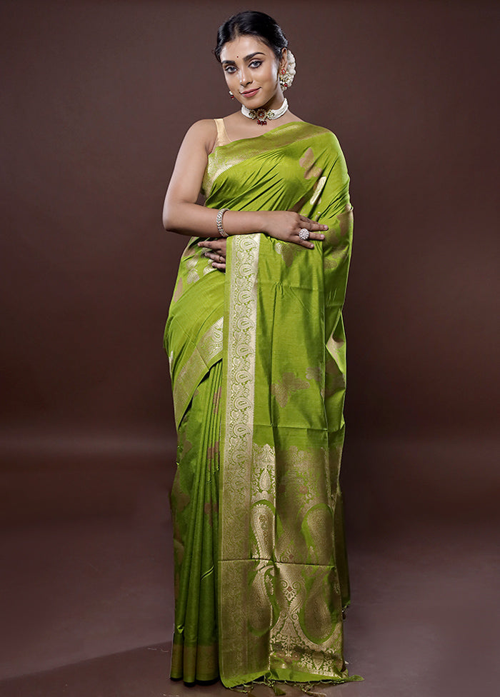 Green Dupion Silk Saree Without Blouse Piece - Indian Silk House Agencies