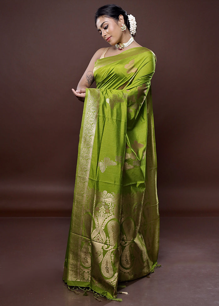 Green Dupion Silk Saree Without Blouse Piece - Indian Silk House Agencies