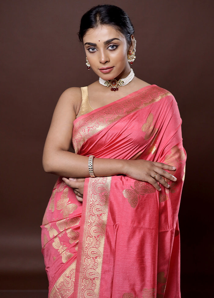 Pink Dupion Silk Saree Without Blouse Piece - Indian Silk House Agencies