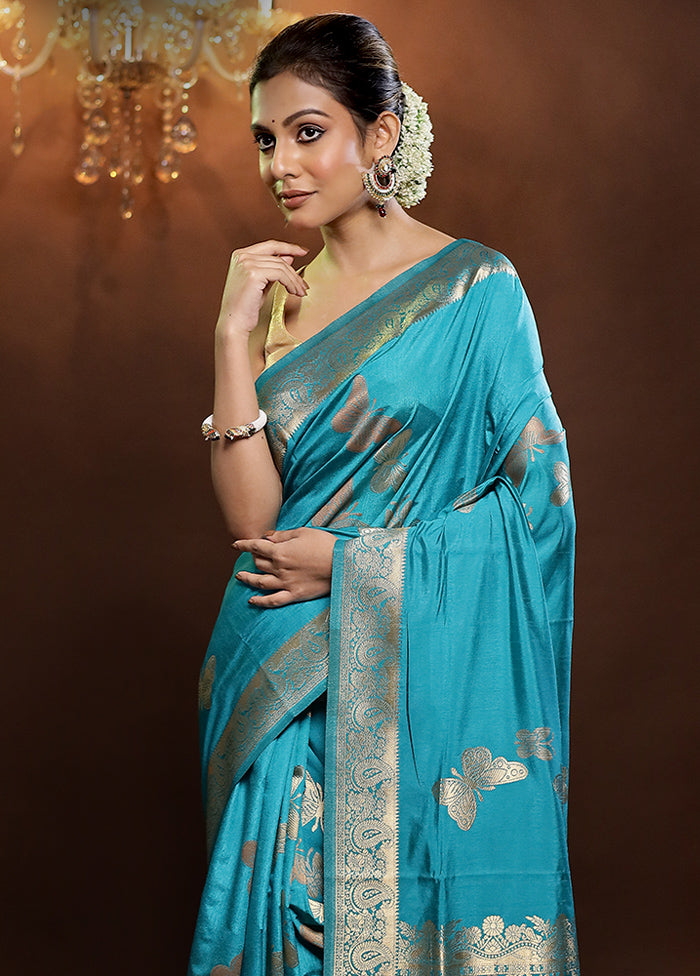 Blue Dupion Silk Saree With Blouse Piece