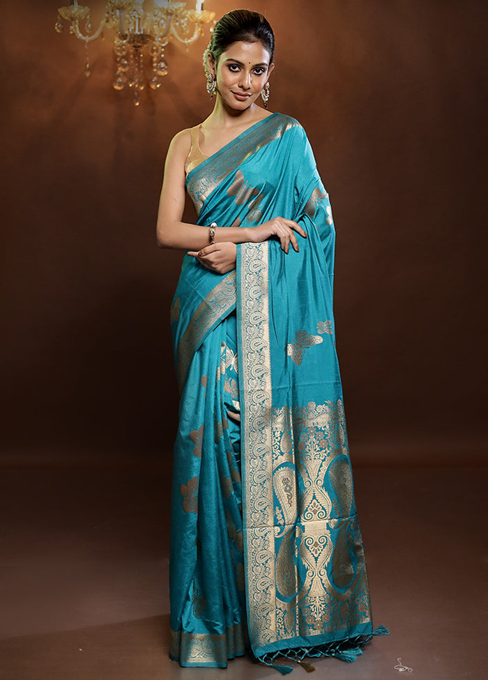 Blue Dupion Silk Saree With Blouse Piece - Indian Silk House Agencies