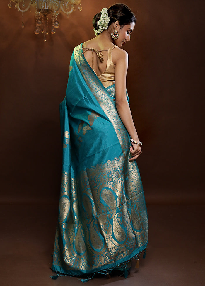 Blue Dupion Silk Saree With Blouse Piece - Indian Silk House Agencies