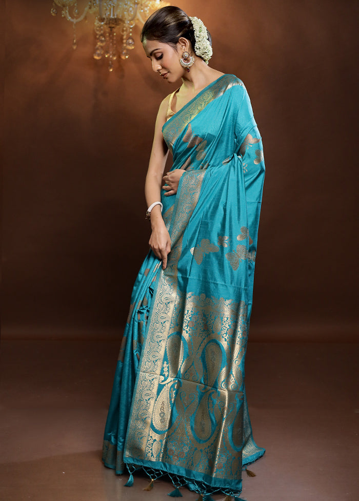 Blue Dupion Silk Saree With Blouse Piece - Indian Silk House Agencies