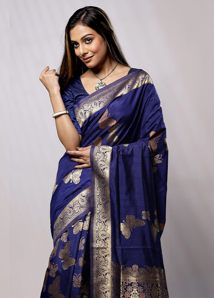 Blue Dupion Silk Saree With Blouse Piece