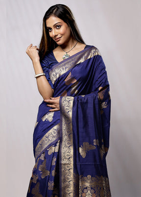 Blue Dupion Silk Saree With Blouse Piece - Indian Silk House Agencies