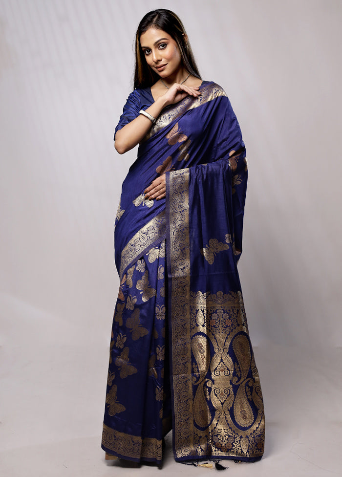 Blue Dupion Silk Saree With Blouse Piece