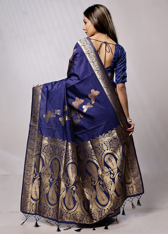 Blue Dupion Silk Saree With Blouse Piece - Indian Silk House Agencies