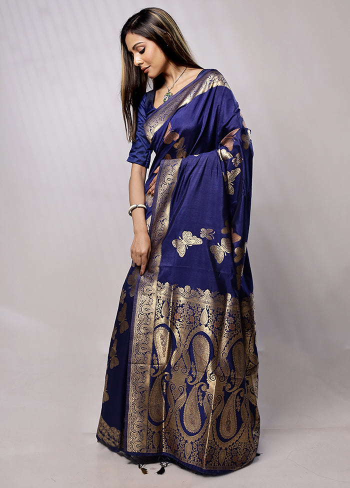 Blue Dupion Silk Saree With Blouse Piece - Indian Silk House Agencies