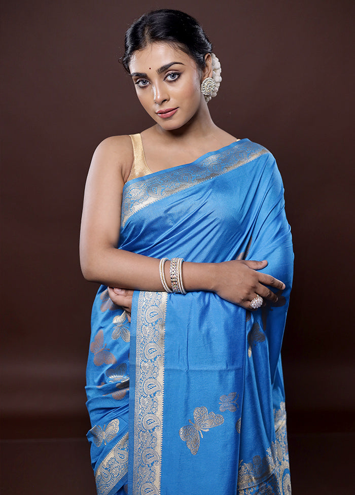 Blue Dupion Silk Saree Without Blouse Piece - Indian Silk House Agencies