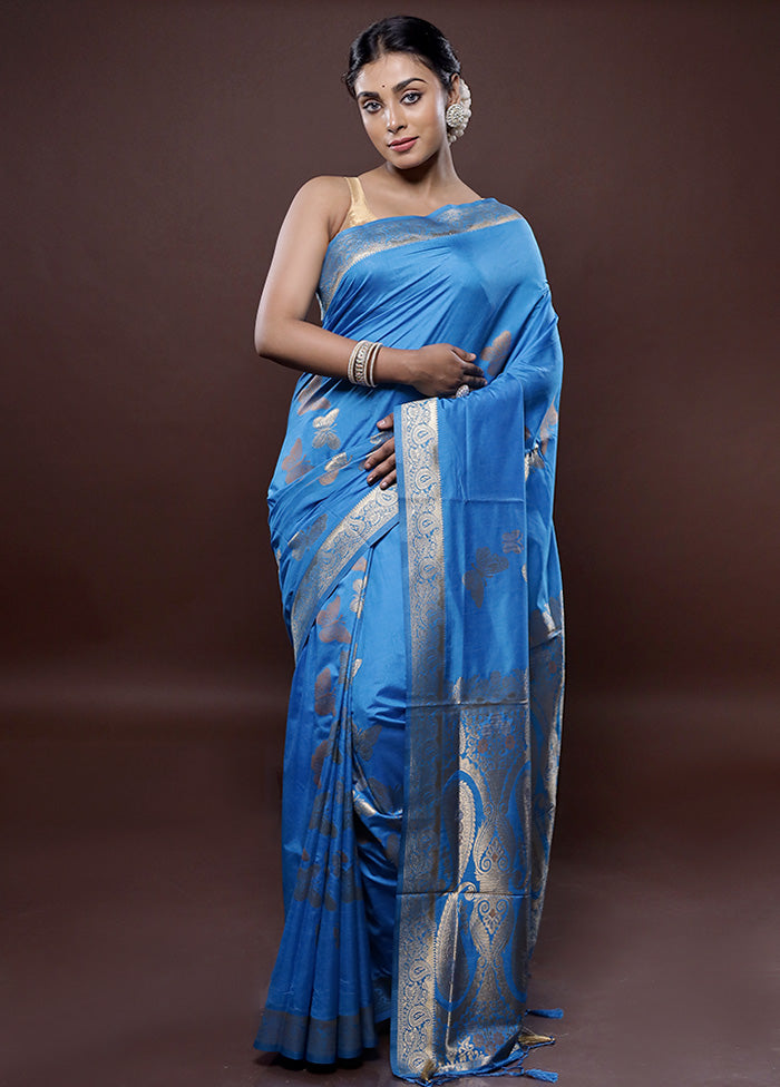 Blue Dupion Silk Saree Without Blouse Piece - Indian Silk House Agencies