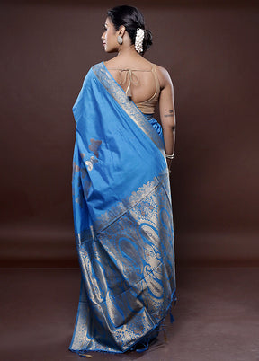 Blue Dupion Silk Saree Without Blouse Piece - Indian Silk House Agencies