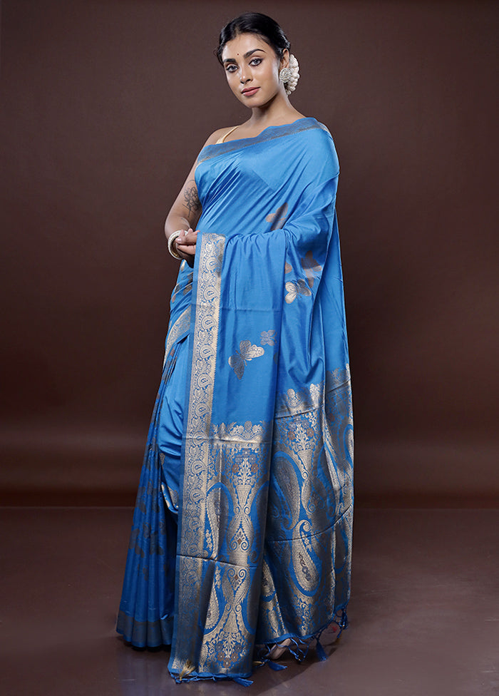 Blue Dupion Silk Saree Without Blouse Piece - Indian Silk House Agencies