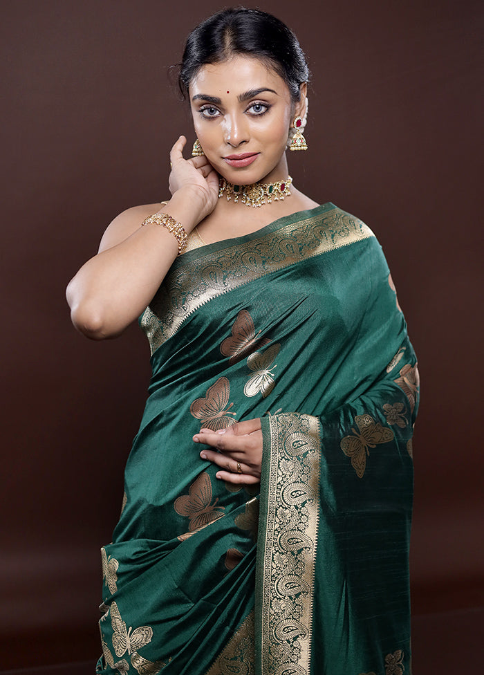 Green Dupion Silk Saree Without Blouse Piece - Indian Silk House Agencies