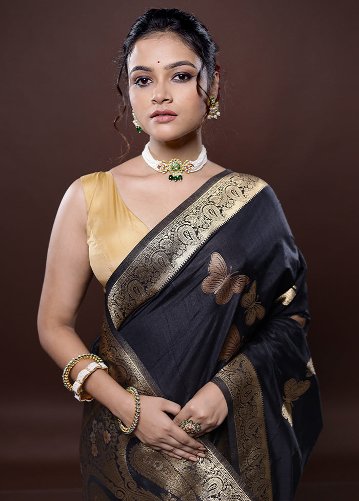 Black Dupion Silk Saree Without Blouse Piece - Indian Silk House Agencies