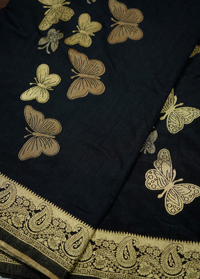 Black Dupion Silk Saree Without Blouse Piece - Indian Silk House Agencies