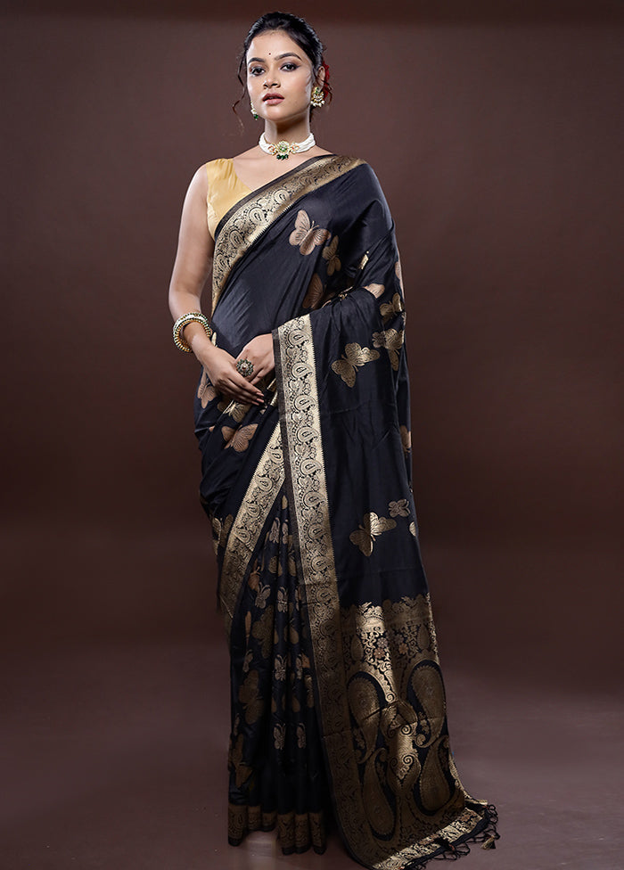 Black Dupion Silk Saree Without Blouse Piece - Indian Silk House Agencies