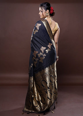 Black Dupion Silk Saree Without Blouse Piece - Indian Silk House Agencies