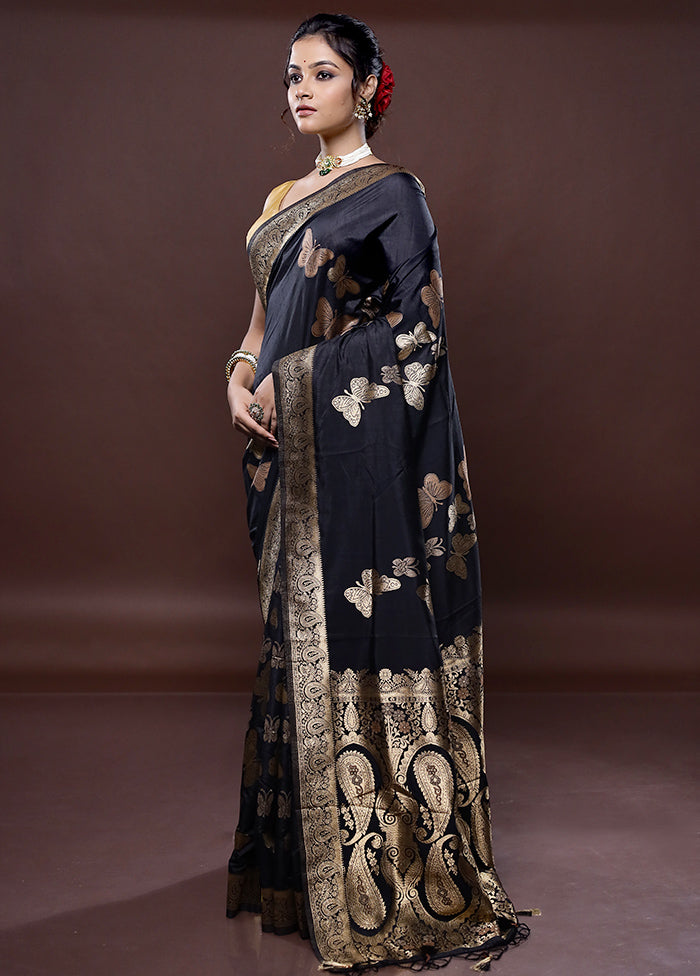 Black Dupion Silk Saree Without Blouse Piece - Indian Silk House Agencies