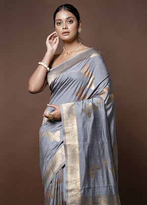 Grey Dupion Silk Saree With Blouse Piece